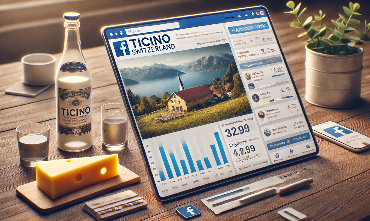 Una rappresentazione grafica di una campagna pubblicitaria su Facebook, con elementi che richiamano il Ticino.