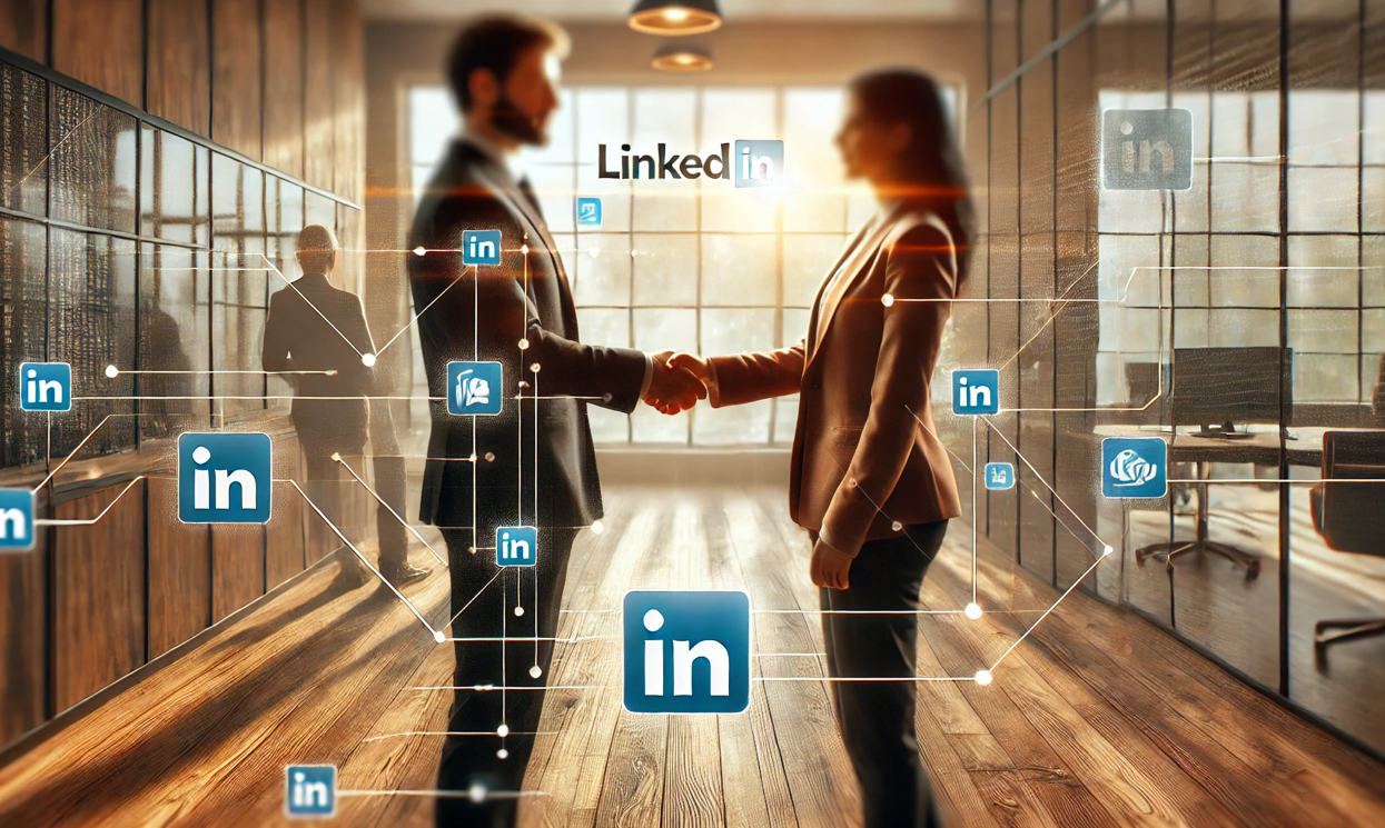 Due professionisti che si stringono la mano, rappresentando la creazione di nuove relazioni e partnership commerciali attraverso LinkedIn