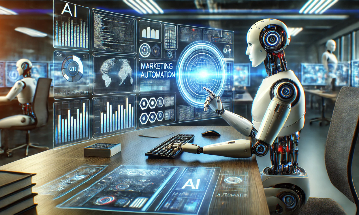 Un robot che lavora al computer: Questa immagine rappresenta l'automazione e la tecnologia, che sono al centro del marketing automation