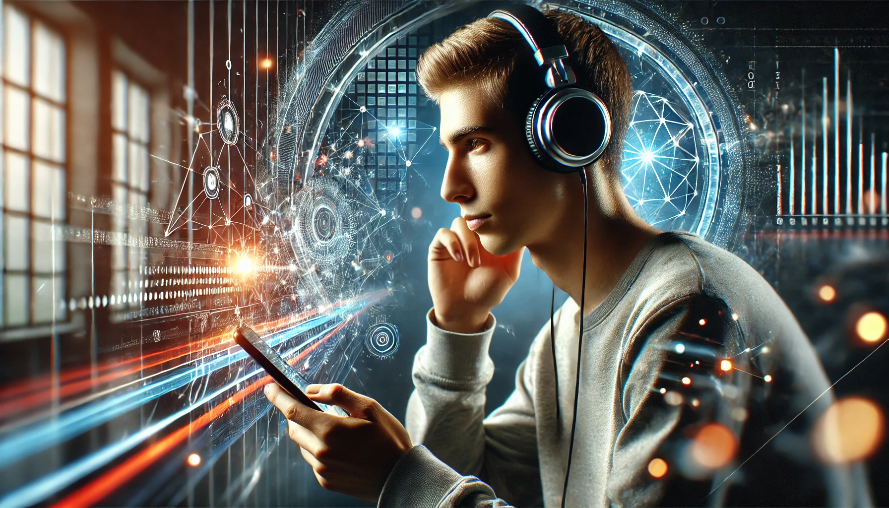 Immagine di una persona che indossa un paio di cuffie e sta ascoltando qualcosa su un dispositivo mobile, con uno sfondo che rappresenta la tecnologia e la connessione.