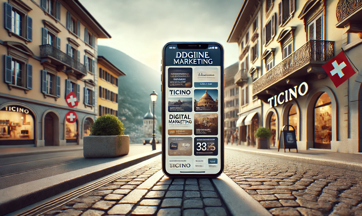 Immagine di un annuncio pubblicitario su un dispositivo mobile con uno sfondo di strada ticinese