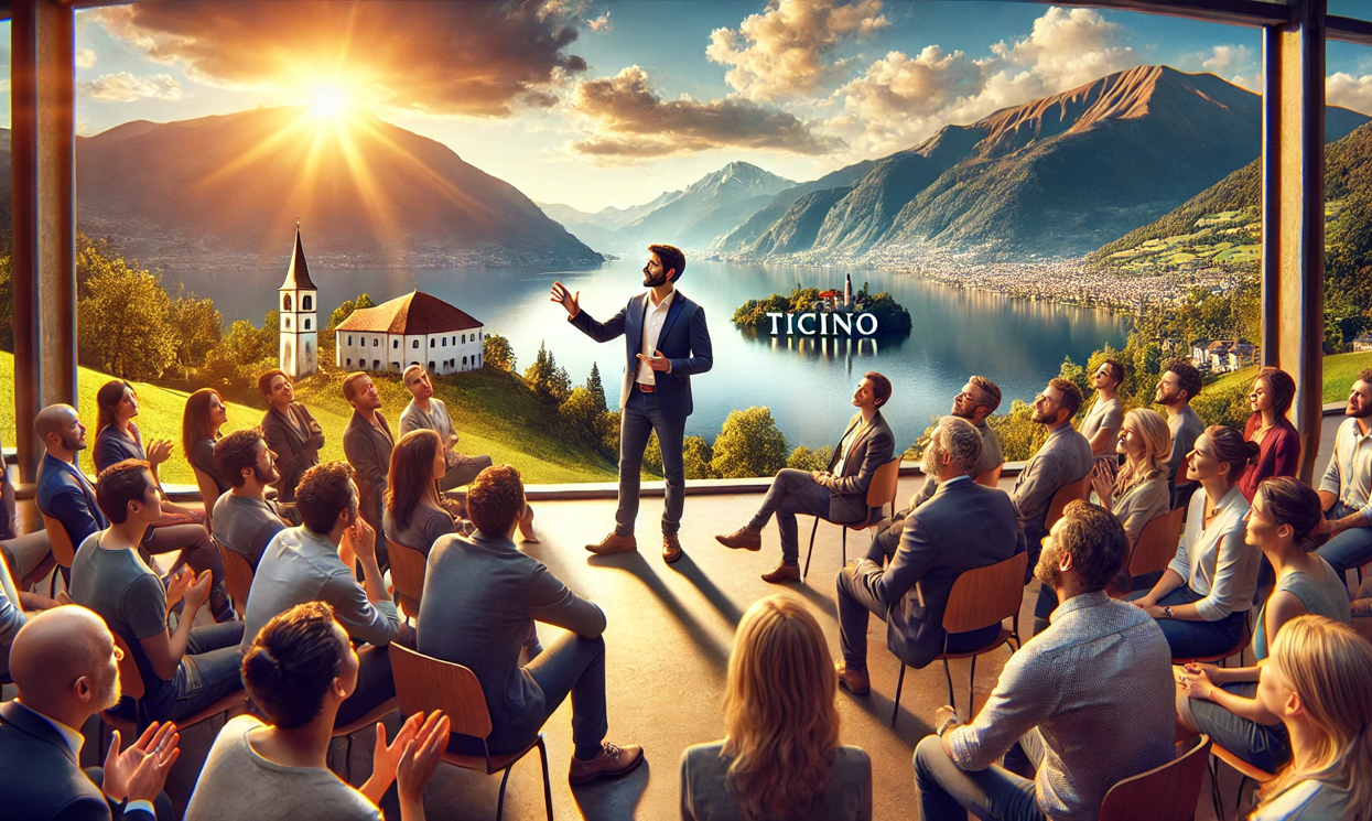 Foto di una persona che racconta una storia a un pubblico attento, con uno sfondo che richiama il Ticino